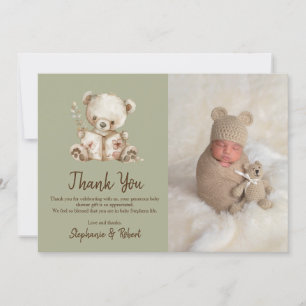 Green Storybook Bear Photo Baby Shower Thank You Card