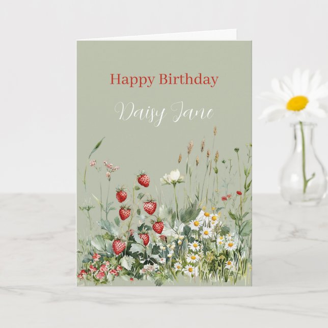 Green Strawberries Daisy Flowers Birthday Card (Small Plant)