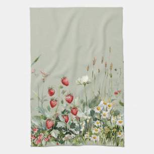 Green Strawberries Daisy Flowers Kitchen Towel