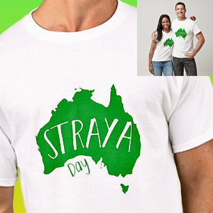 Green STRAYA Map for Australia Day on Light T-Shirt