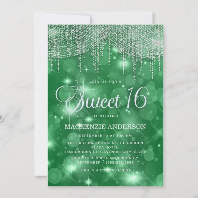 Green String Lights Bokeh Sweet 16 Invitation (Front)