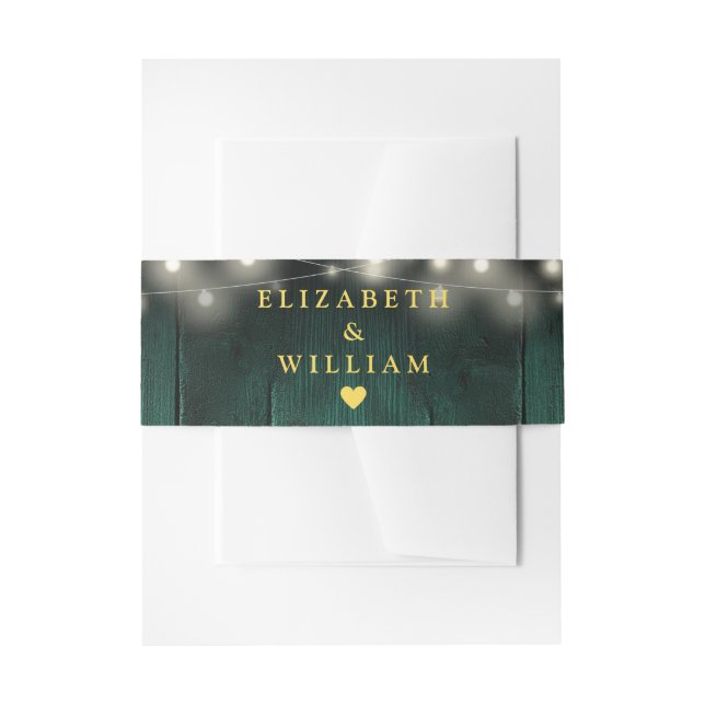 Green String Lights Rustic Wood Boho Barn Wedding Invitation Belly Band (Front Example)