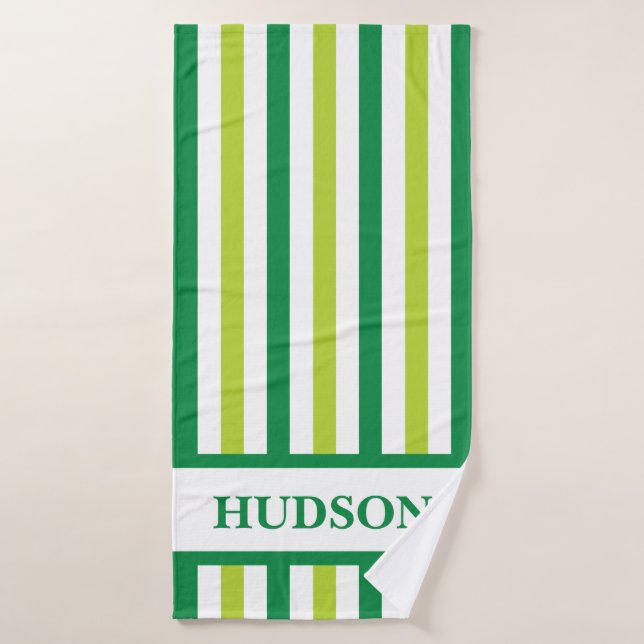 Green Stripe Bath Towel with Custom Name (Bath Towel)