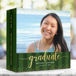 Green stripe graduation photo gold script keepsake binder