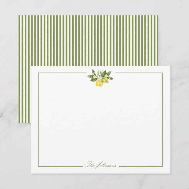 Green Stripe Lemon Branch Personalized Stationery Card (Front/Back)