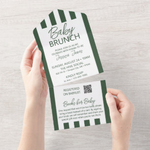 Green Striped Baby Brunch Invite with Book Card