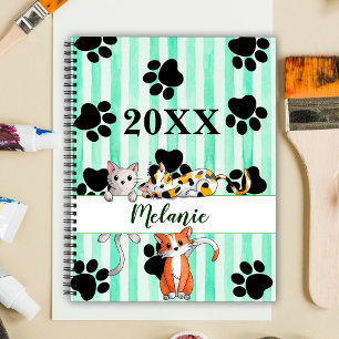 Green striped background kittens & paws customized planner