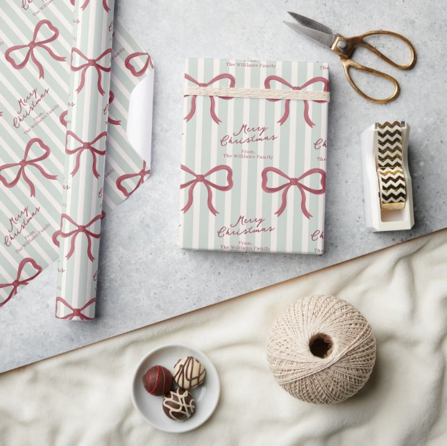 Green Striped Bow Personalized Wrapping Paper (Crafts)