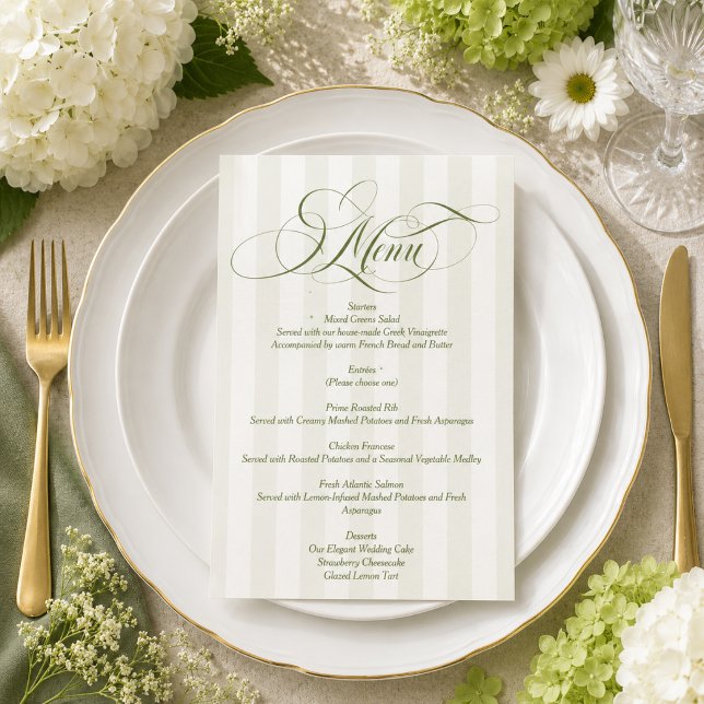 Green Striped Elegant Script Wedding Menu Invitation (Creator Uploaded)