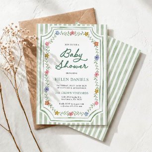 Green Striped Floral Baby Shower Invitation