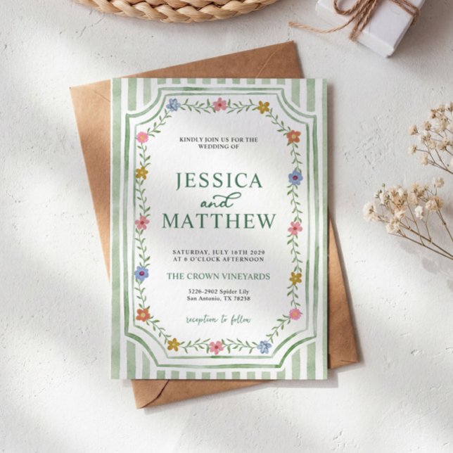 Green Striped Floral Wedding Invitation (Creator Uploaded)