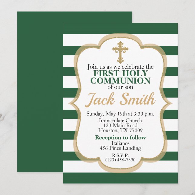 Green Striped Gold Glitter First Holy Communion Invitation (Front/Back)