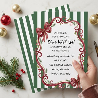 Green Striped Holiday Dinner Invitation
