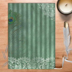 Green Striped Lace & Feather Scrapbook Paper