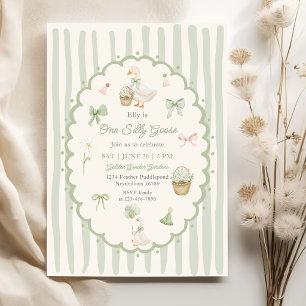 Green Striped One Silly Goose  Birthday  Invitation