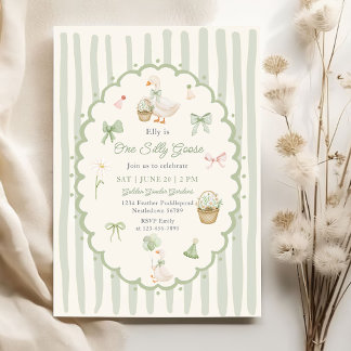 Green Striped One Silly Goose Birthday Invitation