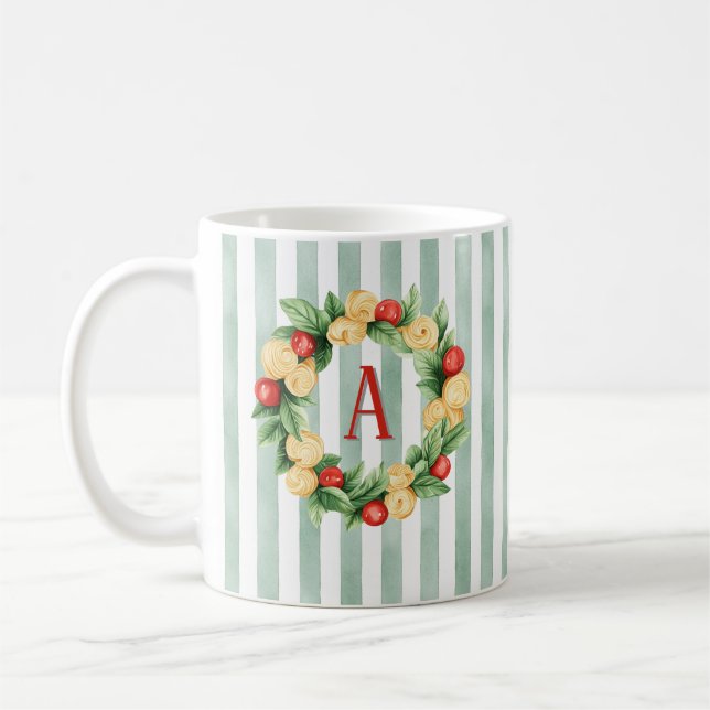 Green Striped Pasta Wreath Initial Mug (Left)
