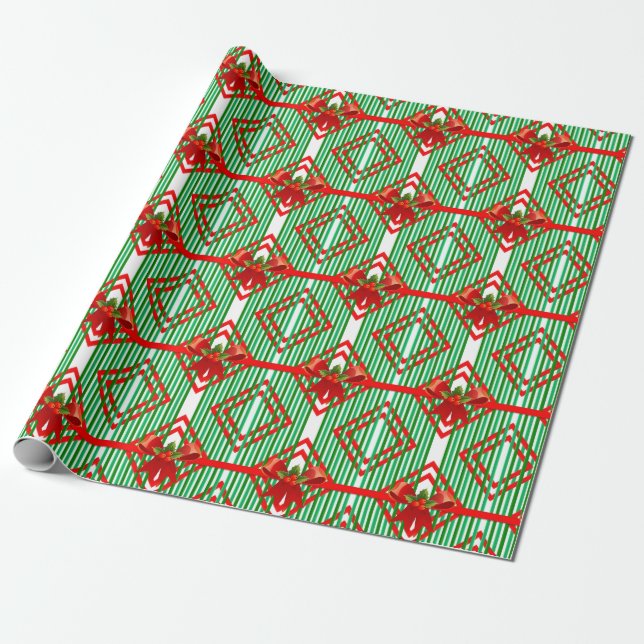 Green Striped Red Bow Accent Retro Christmas Wrapping Paper (Unrolled)