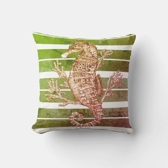 Green Striped Seahorse and Coral Throw Pillow (Front)