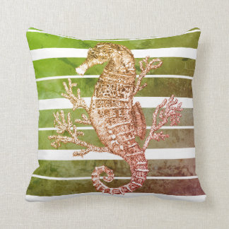 Green Striped Seahorse and Coral Throw Pillow