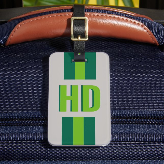 green striped Shadow Monogram retro camping Luggage Tag (Front Insitu 2)