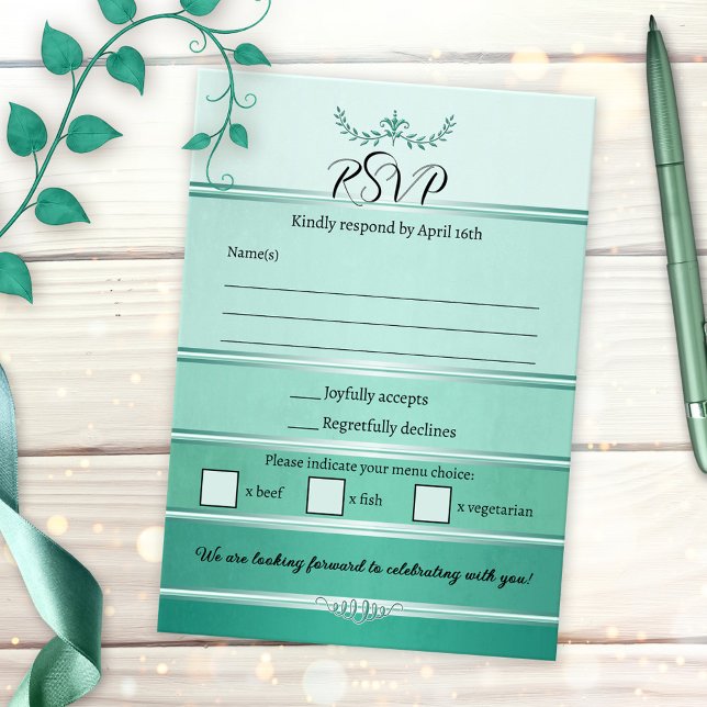 Green Striped Tone on Tone Wedding RSVP Card (RSVP card featuring a painted green striped ton sur ton design with a silver lining)