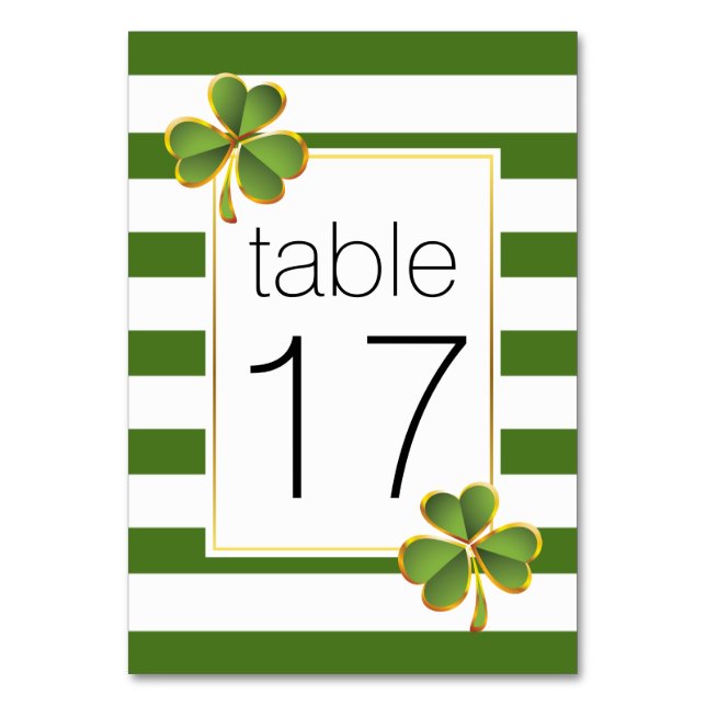 Green stripes & clover Irish wedding table number (Front)