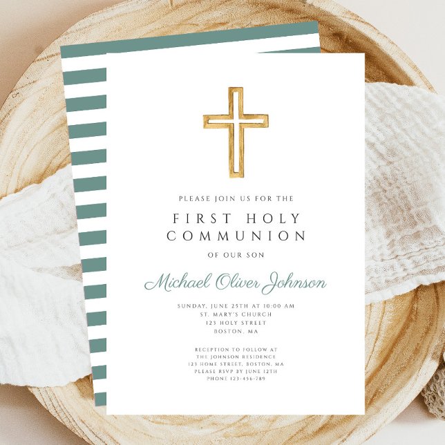 Green Stripes Cross Religious First Communion Invitation (Green Stripes Cross Religious First Communion Invitation)