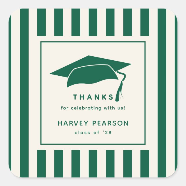 Green Stripes Custom Graduation Party Thank You Square Sticker (Front)