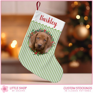 Green Stripes Evergreen Wreath Pet Dog Photo Small Christmas Stocking