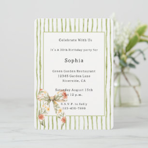 Green Stripes Floral Bow Birthday Invitation