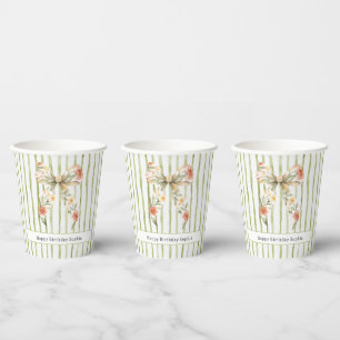 Green Stripes Floral Bow Birthday Paper Cups