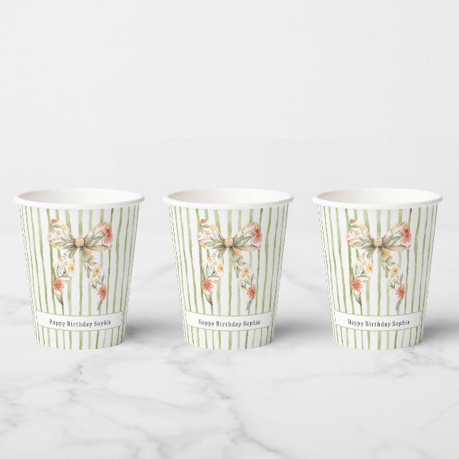 Green Stripes Floral Bow Birthday Paper Cups (Multi)