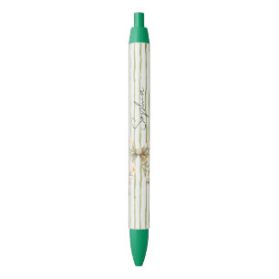 Green Stripes Floral Bow Black Ink Pen
