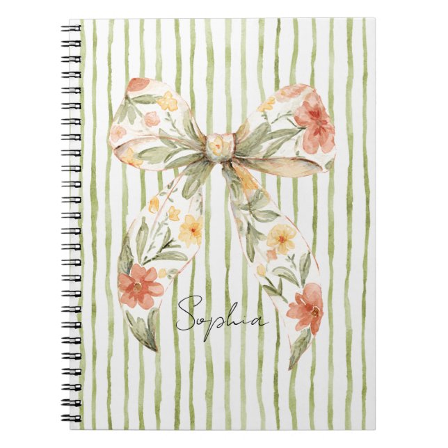Green Stripes Floral Bow Notebook (Front)