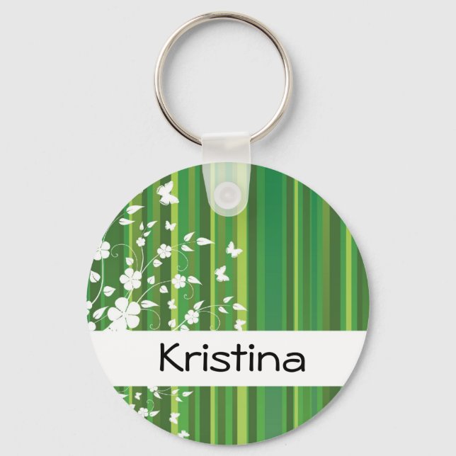 Green Stripes Floral Personalized Name  Keychain (Front)