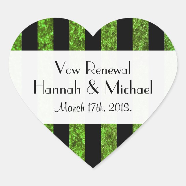 Green Stripes, Glitter Stripes, Lines, Vow Renewal Heart Sticker (Front)