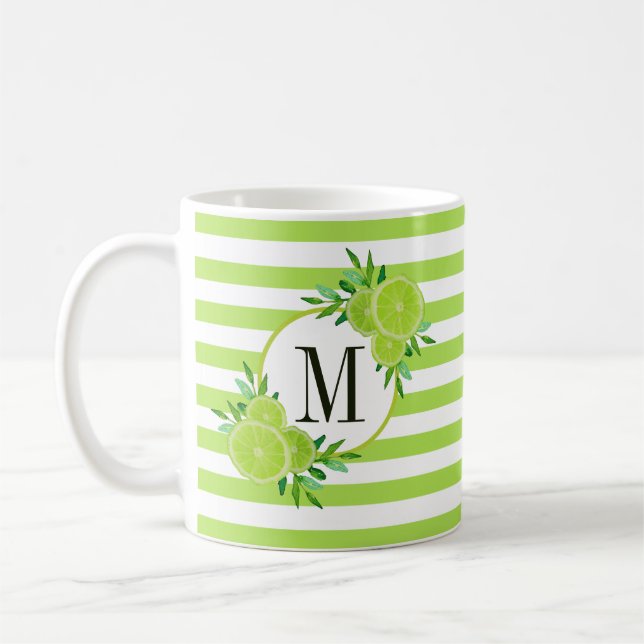 Green Stripes Lime Citrus Fruit Slices Monogram Coffee Mug (Left)