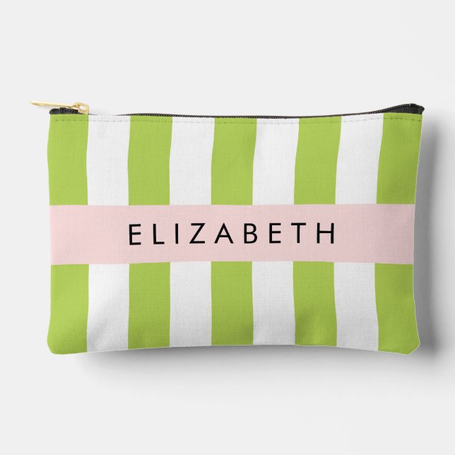Green Stripes, Lines, Striped Pattern, Your Name Accessory Pouch (Front)