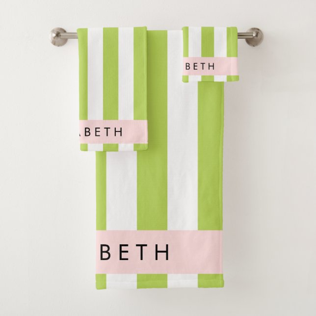 Green Stripes, Lines, Striped Pattern, Your Name Bath Towel Set (Insitu)