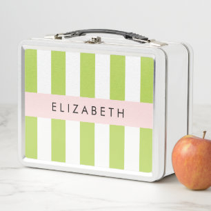 Green Stripes, Lines, Striped Pattern, Your Name Metal Lunch Box