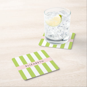Green Stripes, Lines, Striped Pattern, Your Name Square Paper Coaster