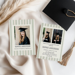 Green Stripes Minimalist Photo Graduation Party Invitation