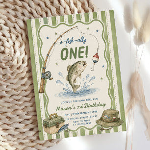 Green Stripes O-Fish-Ally One Birthday Invitation
