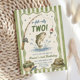 Green Stripes O-Fish-Ally Two Birthday  Invitation