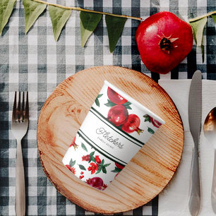 Green Stripes & Red Pomegranate Customizable Paper Cups
