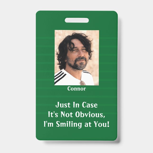 Green Stripes Smiling Behind Your Mask Hello Badge (Front)
