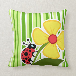 Green Stripes; Striped; Ladybug Throw Pillow