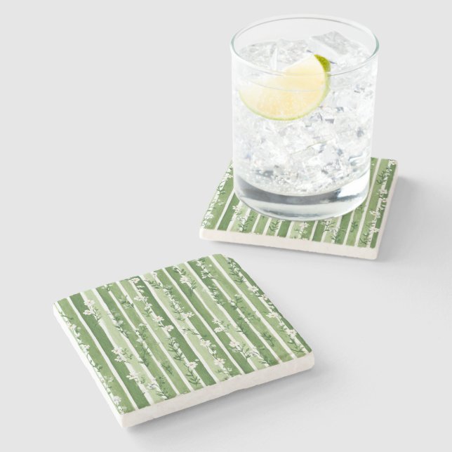 Green Stripes White Flowers Stone Coaster (Side)