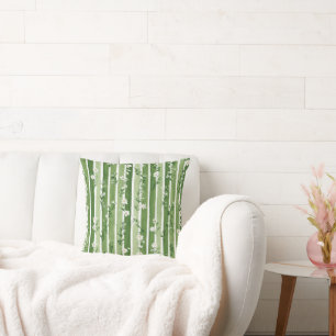 Green Stripes White Flowers Throw Pillow